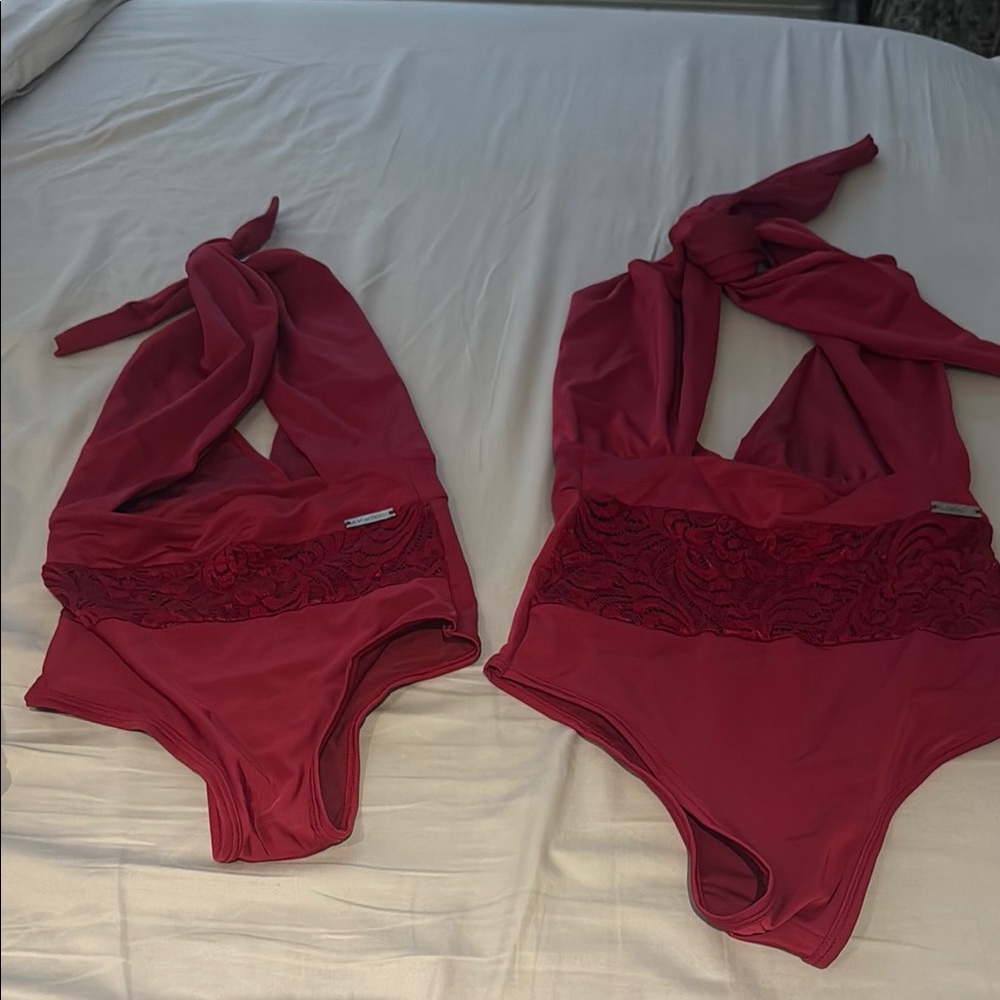 Red Halter Swimsuit with Lace Detail
